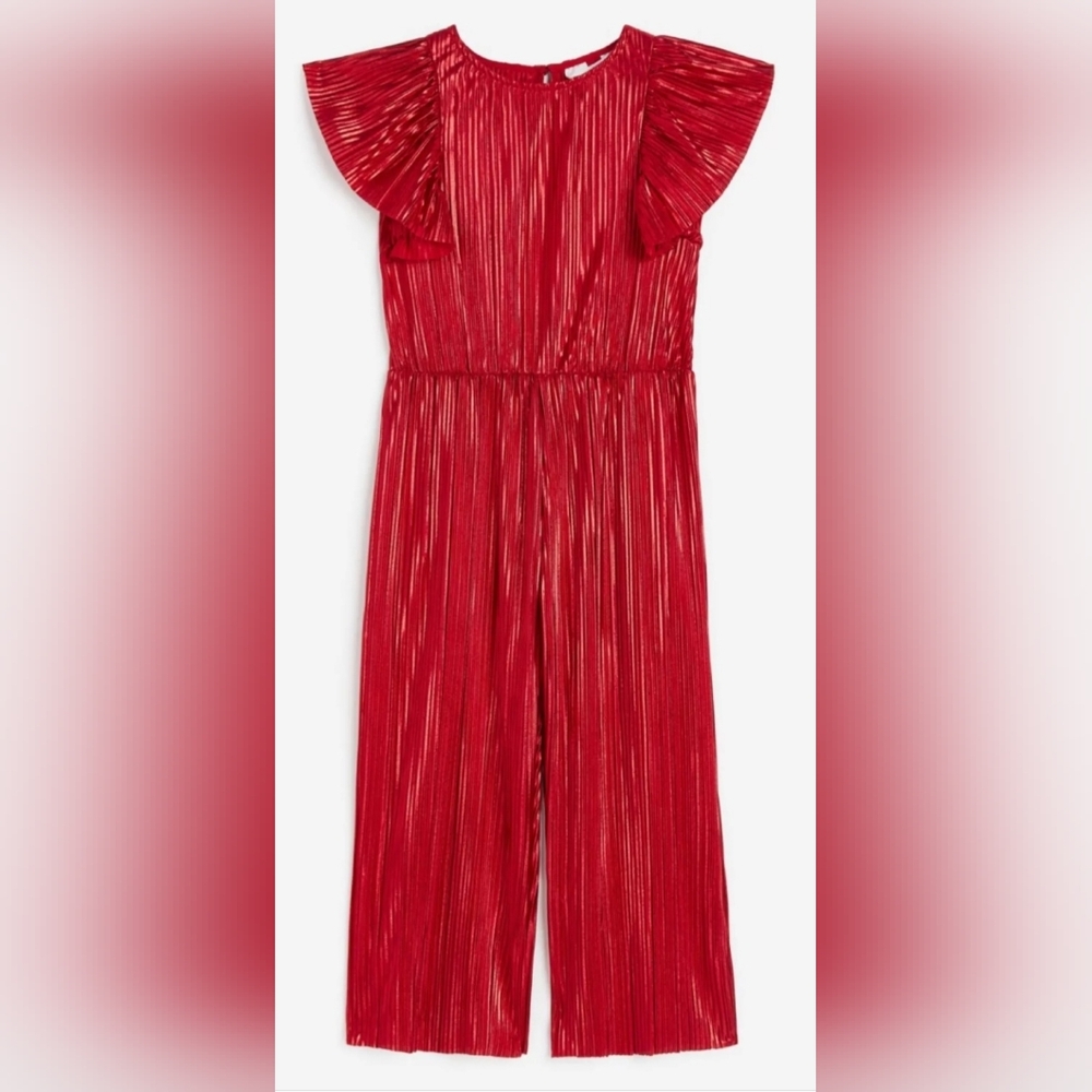 Girl's Pleated Red Jumpsuit with flutter sleeves and cinched waist, size 4-5